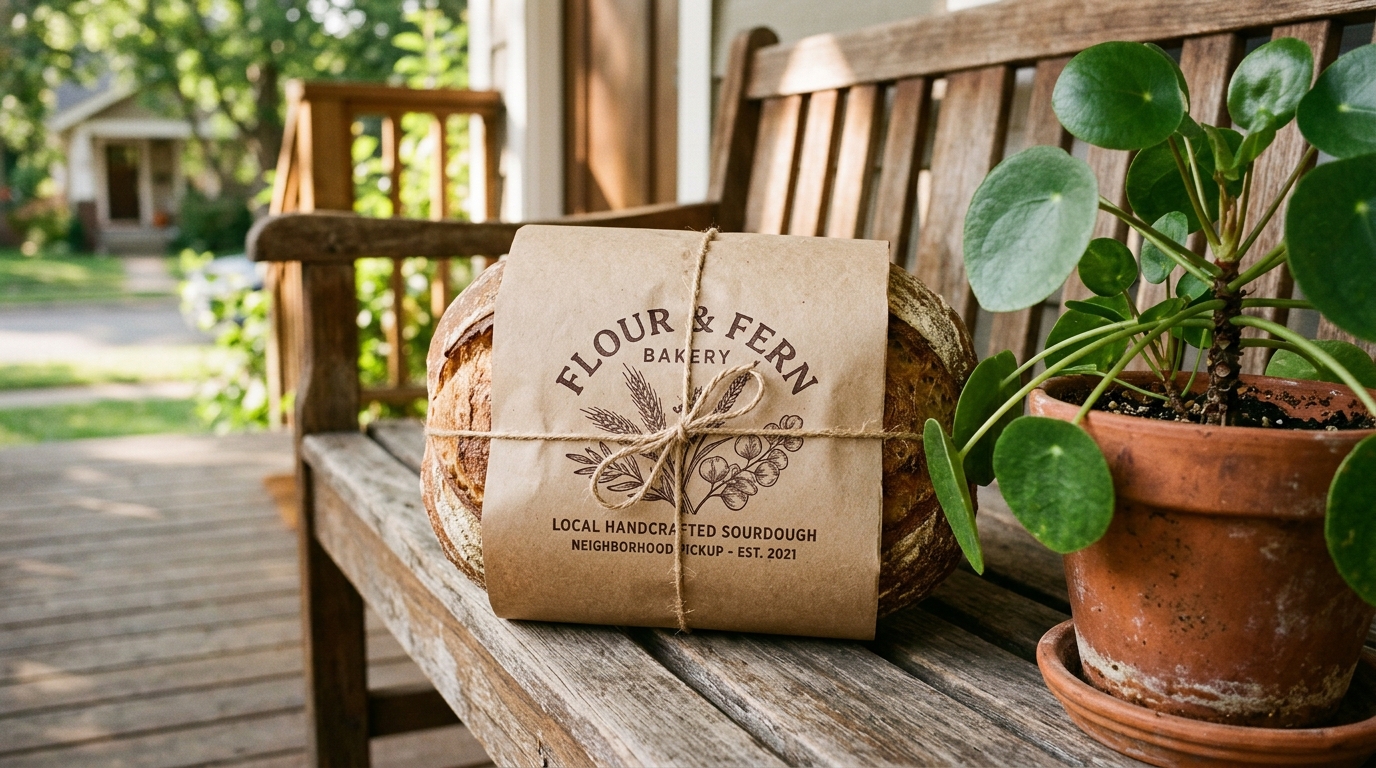 Artisanal sourdough packaging in unbleached kraft paper and natural twine on a wooden porch bench ready for neighborhood pickup in Metropolis